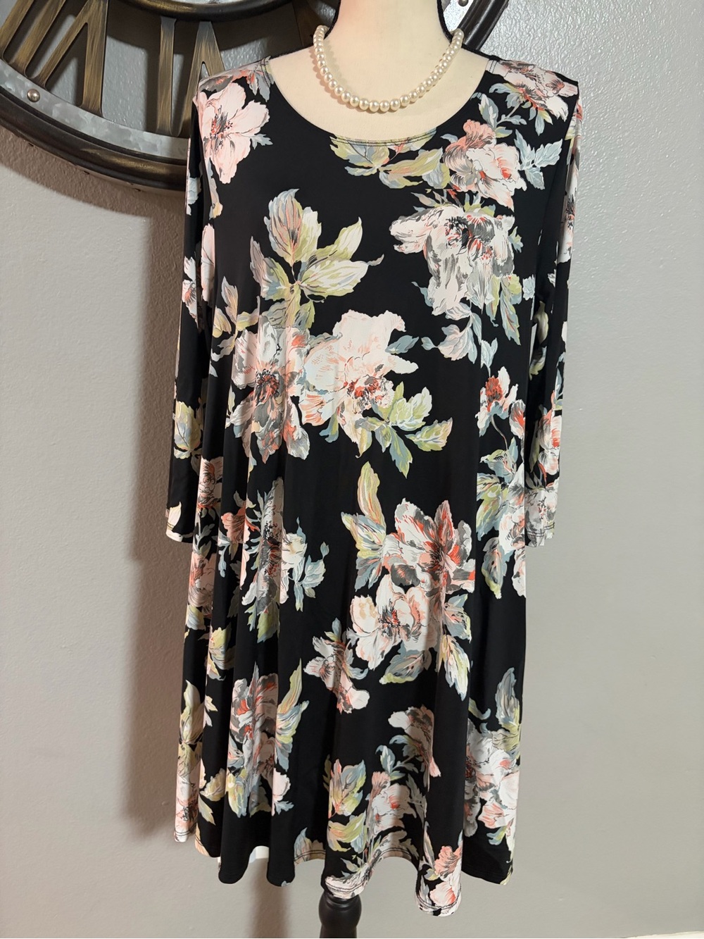 KAREN KANE Black Floral Swing Tunic dress with Pink and Cream Blooms